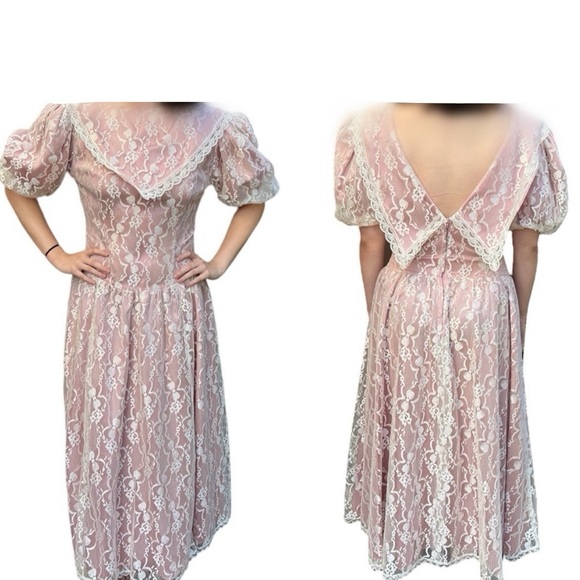 Gunne Sax • Jessica McClintock 80s Vintage Prairie Cottage Dress Lace Overlay - Picture 2 of 4